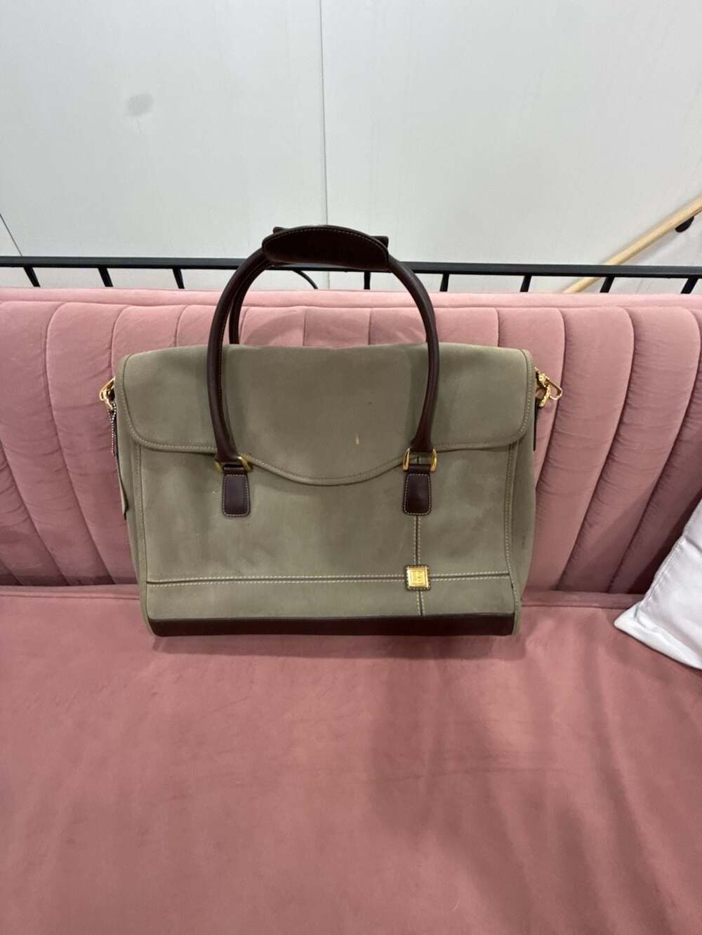 Diane von Furstenberg Olive Suede and Brown Leather Briefcase Messenger Bag